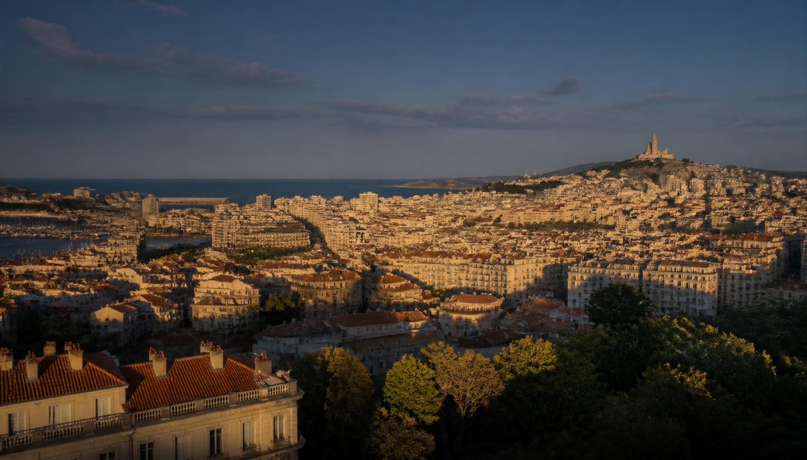 Vue générale de Marseille, toits anciens et Notre-Dame de la Garde