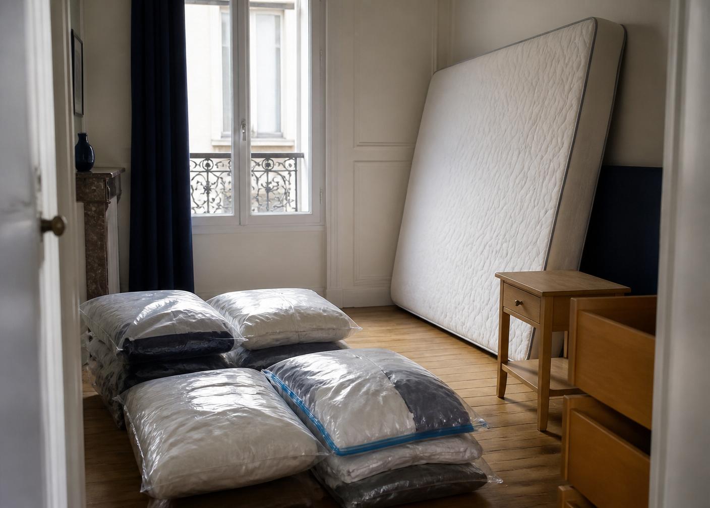 Chambre préparée avant un traitement anti-punaises : linge en sacs, matelas dressé