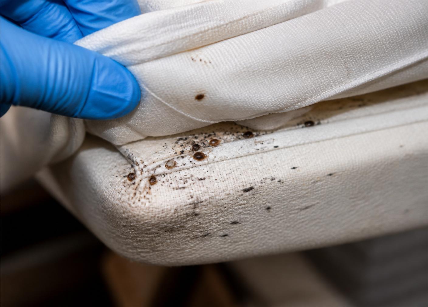 Détail d'une couture de matelas colonisée par des punaises de lit, Istres